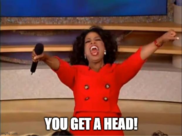 Oprah You Get A Meme | YOU GET A HEAD! | image tagged in memes,oprah you get a | made w/ Imgflip meme maker