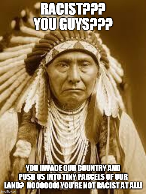 Native American | RACIST??? YOU GUYS??? YOU INVADE OUR COUNTRY AND PUSH US INTO TINY PARCELS OF OUR LAND?  NOOOOOO! YOU'RE NOT RACIST AT ALL! | image tagged in native american | made w/ Imgflip meme maker