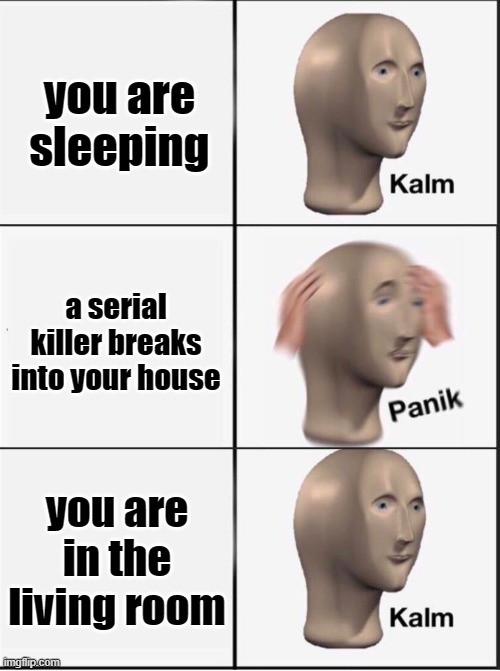 Reverse kalm panik | you are sleeping; a serial killer breaks into your house; you are in the living room | image tagged in reverse kalm panik | made w/ Imgflip meme maker
