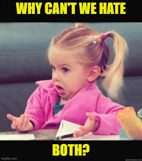 Dafuq Girl | WHY CAN'T WE HATE BOTH? | image tagged in dafuq girl | made w/ Imgflip meme maker