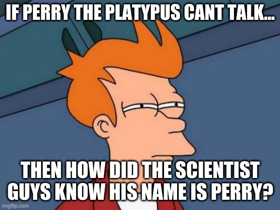 Futurama Fry Meme | IF PERRY THE PLATYPUS CANT TALK... THEN HOW DID THE SCIENTIST GUYS KNOW HIS NAME IS PERRY? | image tagged in memes,futurama fry | made w/ Imgflip meme maker