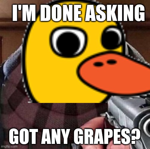 GOT ANY GRAPES | I'M DONE ASKING; GOT ANY GRAPES? | image tagged in gru with gun,duck,duck song,got any grapes | made w/ Imgflip meme maker