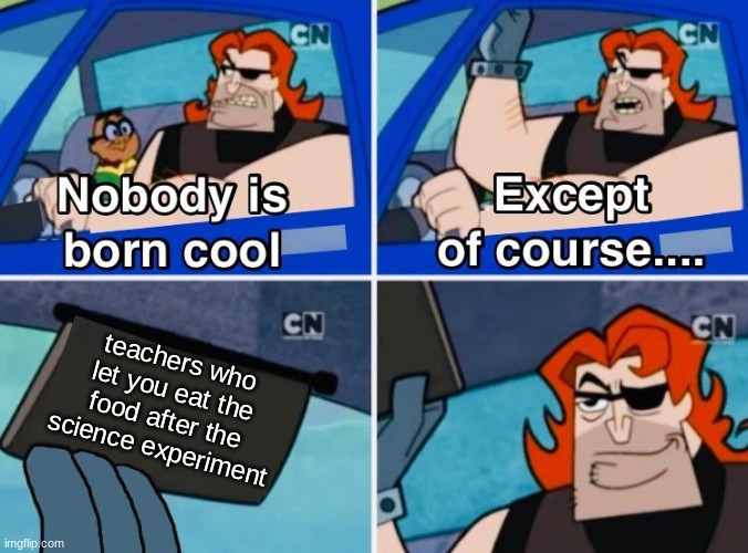 Nobody is born cool | teachers who let you eat the food after the science experiment | image tagged in nobody is born cool | made w/ Imgflip meme maker