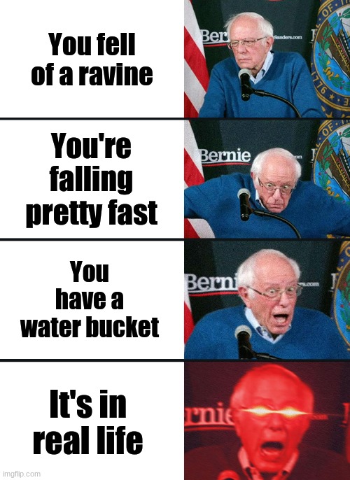 Bernie Sanders reaction (nuked) | You fell of a ravine; You're falling pretty fast; You have a water bucket; It's in real life | image tagged in bernie sanders reaction nuked | made w/ Imgflip meme maker