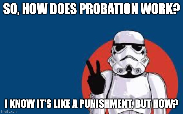 Bring back the storm troopers! | SO, HOW DOES PROBATION WORK? I KNOW IT’S LIKE A PUNISHMENT, BUT HOW? | image tagged in star wars storm trooper yolo | made w/ Imgflip meme maker