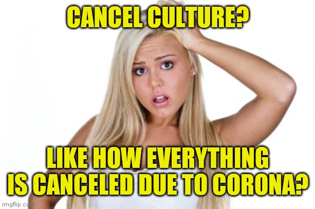 Dumb Blonde | CANCEL CULTURE? LIKE HOW EVERYTHING IS CANCELED DUE TO CORONA? | image tagged in dumb blonde | made w/ Imgflip meme maker