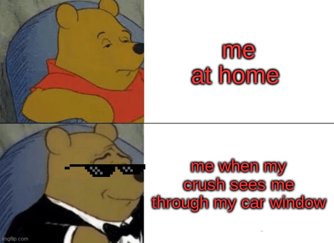 Tuxedo Winnie The Pooh Meme | me at home; me when my crush sees me through my car window | image tagged in memes,tuxedo winnie the pooh | made w/ Imgflip meme maker