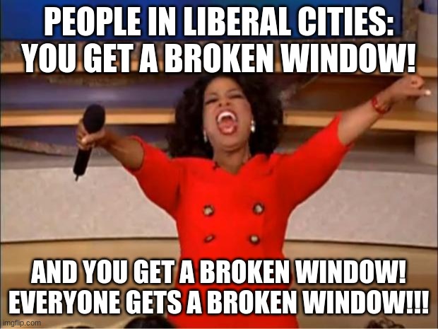 Riots in the libtard cities | PEOPLE IN LIBERAL CITIES:
YOU GET A BROKEN WINDOW! AND YOU GET A BROKEN WINDOW!
EVERYONE GETS A BROKEN WINDOW!!! | image tagged in memes,oprah you get a,stupid liberals,liberal cities,rioting,broken window | made w/ Imgflip meme maker