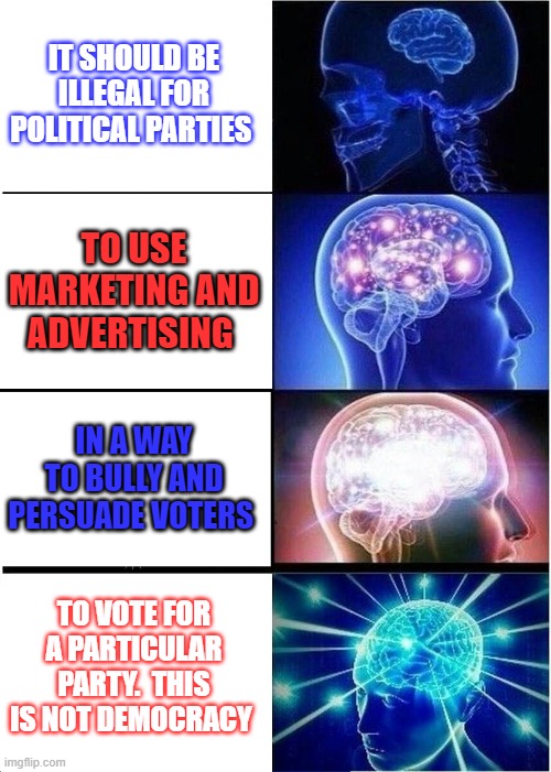 Expanding Brain | IT SHOULD BE ILLEGAL FOR POLITICAL PARTIES; TO USE MARKETING AND ADVERTISING; IN A WAY TO BULLY AND PERSUADE VOTERS; TO VOTE FOR A PARTICULAR PARTY.  THIS IS NOT DEMOCRACY | image tagged in memes,expanding brain | made w/ Imgflip meme maker
