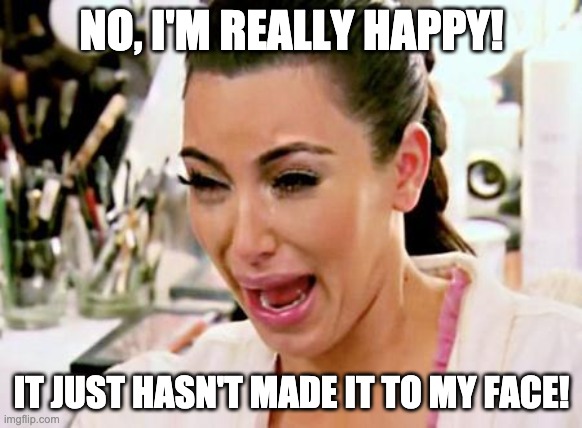 In These Harrowing Times! | NO, I'M REALLY HAPPY! IT JUST HASN'T MADE IT TO MY FACE! | image tagged in kim kardashian,happy,unhappy,face | made w/ Imgflip meme maker