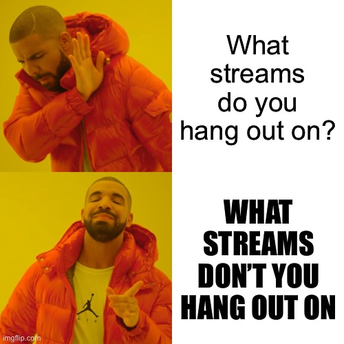 Good question and better question (self-cringe) | What streams do you hang out on? WHAT STREAMS DON’T YOU HANG OUT ON | image tagged in memes,drake hotline bling,cringe,the daily struggle imgflip edition,meme stream,first world imgflip problems | made w/ Imgflip meme maker