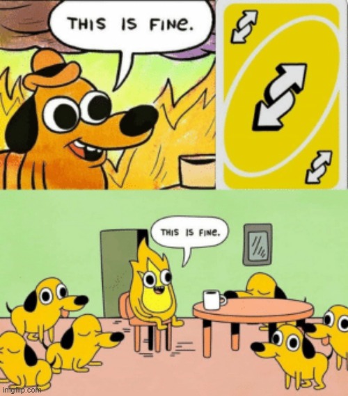 This is Fine But Its Reverse | image tagged in fun,reverse | made w/ Imgflip meme maker
