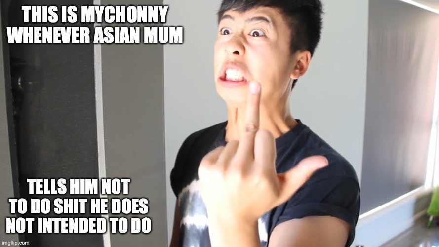 Mychonny With Middle Finger | THIS IS MYCHONNY WHENEVER ASIAN MUM; TELLS HIM NOT TO DO SHIT HE DOES NOT INTENDED TO DO | image tagged in middle finger,memes,mychonny,funny | made w/ Imgflip meme maker