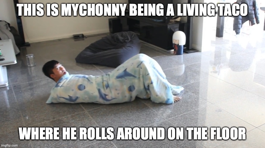 Taco Mychonny | THIS IS MYCHONNY BEING A LIVING TACO; WHERE HE ROLLS AROUND ON THE FLOOR | image tagged in memes,mychonny,youtube | made w/ Imgflip meme maker