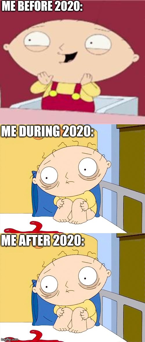 Traumatized For Life Possibly | ME BEFORE 2020:; ME DURING 2020:; ME AFTER 2020: | image tagged in stewie excited,trauma | made w/ Imgflip meme maker
