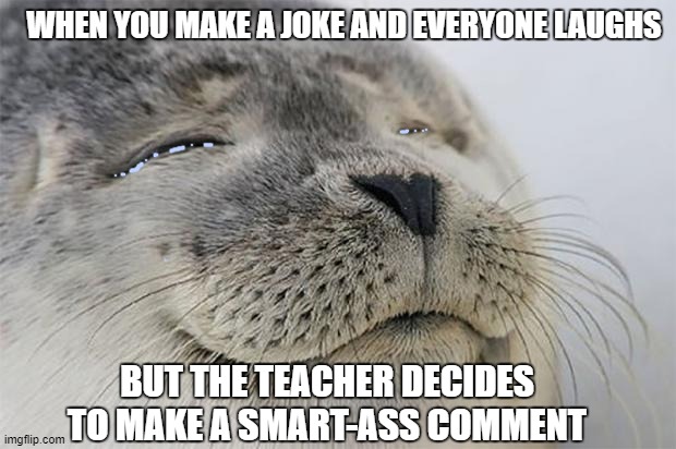 Satisfied Seal Meme | WHEN YOU MAKE A JOKE AND EVERYONE LAUGHS; BUT THE TEACHER DECIDES TO MAKE A SMART-ASS COMMENT | image tagged in memes,satisfied seal | made w/ Imgflip meme maker