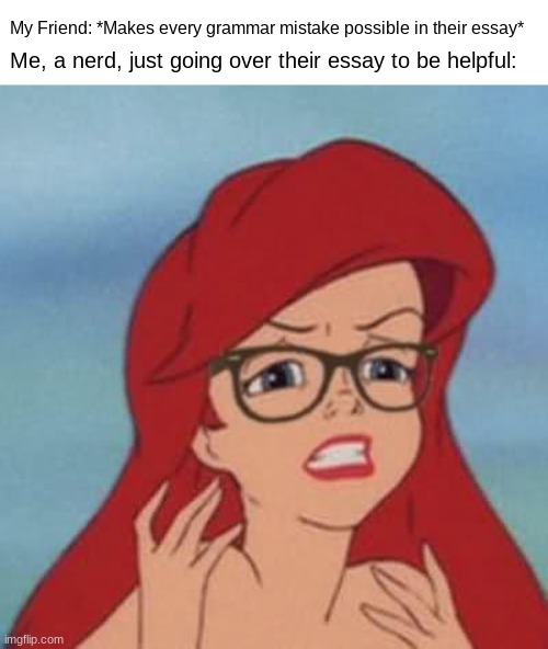 Haven't seen this one in a while. Also it turns out I'm the go-to for essay-checking in my group. | My Friend: *Makes every grammar mistake possible in their essay*; Me, a nerd, just going over their essay to be helpful: | image tagged in memes,hipster ariel | made w/ Imgflip meme maker