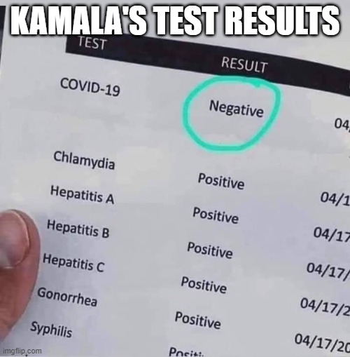 Kamala harris | KAMALA'S TEST RESULTS | image tagged in kamala harris,democrats,democratic party,joe biden,election 2020,politics | made w/ Imgflip meme maker