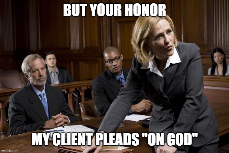 you have got to be kidding me | BUT YOUR HONOR; MY CLIENT PLEADS "ON GOD" | image tagged in courtroom,court,client,millennials | made w/ Imgflip meme maker