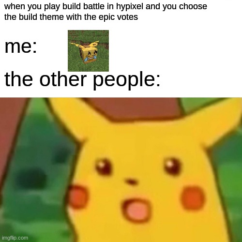 just another random meme | when you play build battle in hypixel and you choose
the build theme with the epic votes; me:; the other people: | image tagged in memes,surprised pikachu | made w/ Imgflip meme maker