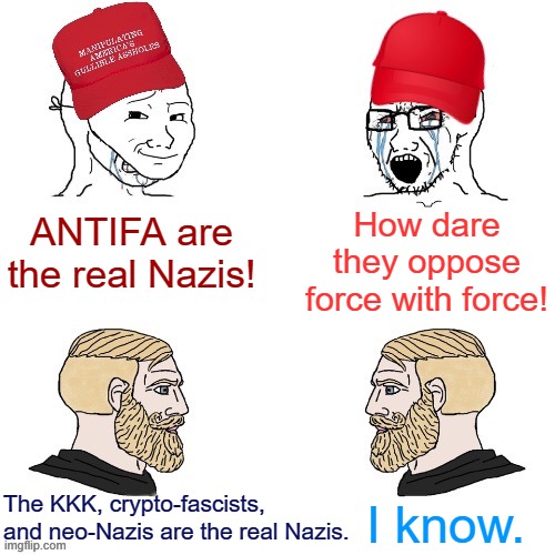 "ANTIFA are the real Nazis!" Bold move, sir | How dare they oppose force with force! ANTIFA are the real Nazis! The KKK, crypto-fascists, and neo-Nazis are the real Nazis. I know. | image tagged in maga wojaks vs yes chad,antifa,fascist,nazis,kkk,neo-nazis | made w/ Imgflip meme maker