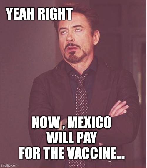 Mexico will pay | YEAH RIGHT; NOW , MEXICO WILL PAY FOR THE VACCINE... | image tagged in memes,face you make robert downey jr,nevertrump | made w/ Imgflip meme maker