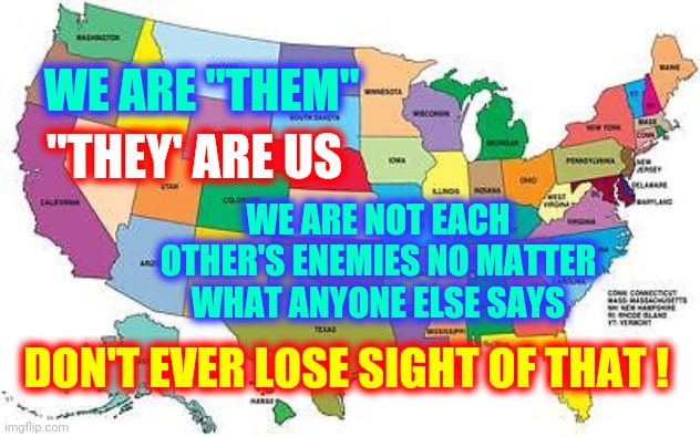 How Does This End Well For Any Of Us?  We're Not Each Others Enemies.  It's Time Americans Start Acting Like Americans Again |  WE ARE "THEM"; "THEY' ARE US; WE ARE NOT EACH OTHER'S ENEMIES NO MATTER WHAT ANYONE ELSE SAYS; DON'T EVER LOSE SIGHT OF THAT ! | image tagged in usa map,just stop,stop acting so stupidd,memes,suffering,fear | made w/ Imgflip meme maker
