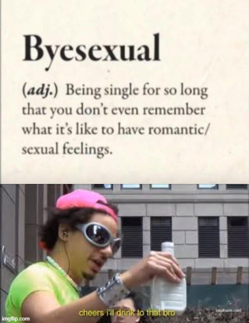 Byesexual | image tagged in cheers i'll drink to that bro,memes,funny,single,lonely | made w/ Imgflip meme maker