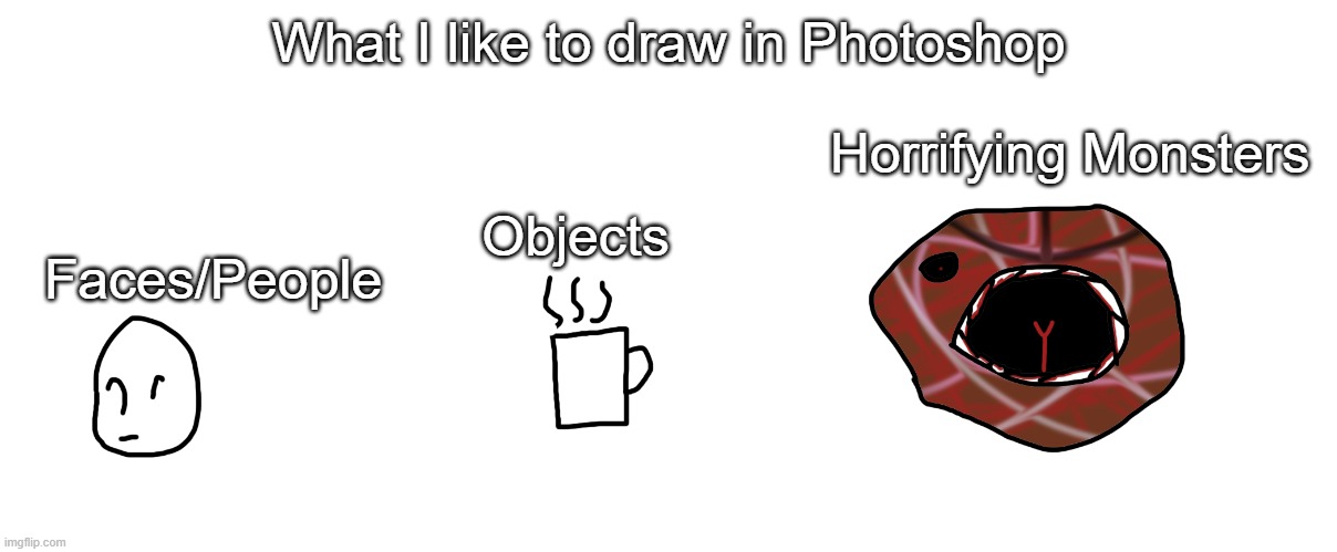 What I like to draw in Photoshop; Horrifying Monsters; Objects; Faces/People | image tagged in drawing,photoshop | made w/ Imgflip meme maker