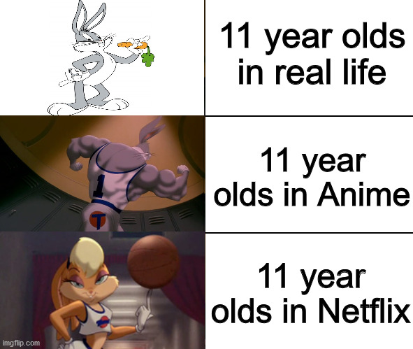 Why, Netflix? | 11 year olds in real life; 11 year olds in Anime; 11 year olds in Netflix | image tagged in bugs bunny muscle evolution,dank memes,funny,memes,fresh memes,netflix | made w/ Imgflip meme maker
