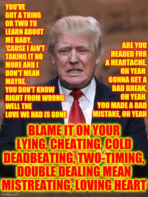 Yup.  It's Perfect | YOU'VE GOT A THING OR TWO TO LEARN ABOUT ME BABY. 
'CAUSE I AIN'T TAKING IT NO MORE AND I DON'T MEAN MAYBE.
YOU DON'T KNOW RIGHT FROM WRONG.
WELL THE LOVE WE HAD IS GONE; ARE YOU HEADED FOR A HEARTACHE, OH YEAH 
GONNA GET A BAD BREAK, OH YEAH 
YOU MADE A BAD MISTAKE, OH YEAH; BLAME IT ON YOUR LYING, CHEATING, COLD DEADBEATING, TWO-TIMING, DOUBLE DEALING MEAN MISTREATING, LOVING HEART | image tagged in donald trump,trump unfit unqualified dangerous,liar in chief,lying,cheating,memes | made w/ Imgflip meme maker