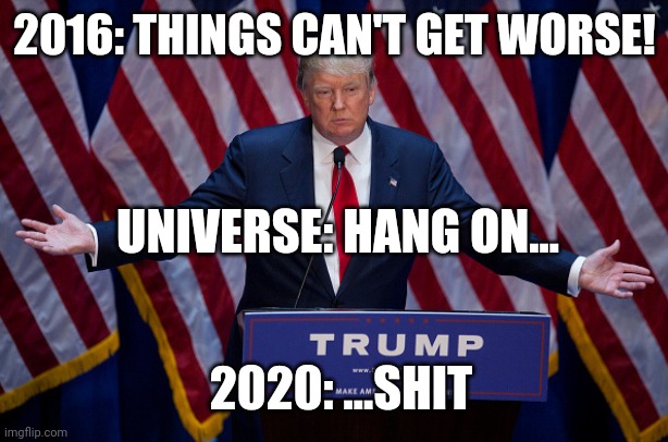 Hang on | 2016: THINGS CAN'T GET WORSE! UNIVERSE: HANG ON... 2020: ...SHIT | image tagged in donald trump | made w/ Imgflip meme maker