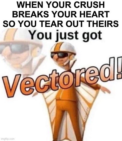 You just got vectored |  WHEN YOUR CRUSH BREAKS YOUR HEART SO YOU TEAR OUT THEIRS | image tagged in you just got vectored,memes,fun,vector,heartbreak,rip | made w/ Imgflip meme maker