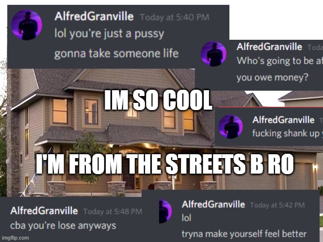 hes so cool guys | IM SO COOL; I'M FROM THE STREETS B RO | image tagged in itrepresentshowhethinkshescool,butheprobablylivesinarichneighborhood | made w/ Imgflip meme maker