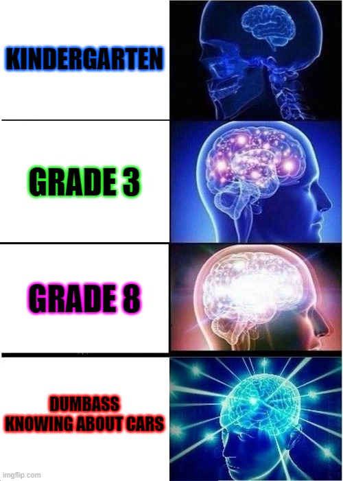 VERY TRUE | KINDERGARTEN; GRADE 3; GRADE 8; DUMBASS
KNOWING ABOUT CARS | image tagged in memes,expanding brain | made w/ Imgflip meme maker