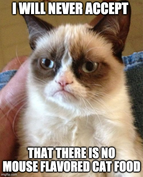 Grumpy Cat Meme | I WILL NEVER ACCEPT; THAT THERE IS NO MOUSE FLAVORED CAT FOOD | image tagged in memes,grumpy cat | made w/ Imgflip meme maker