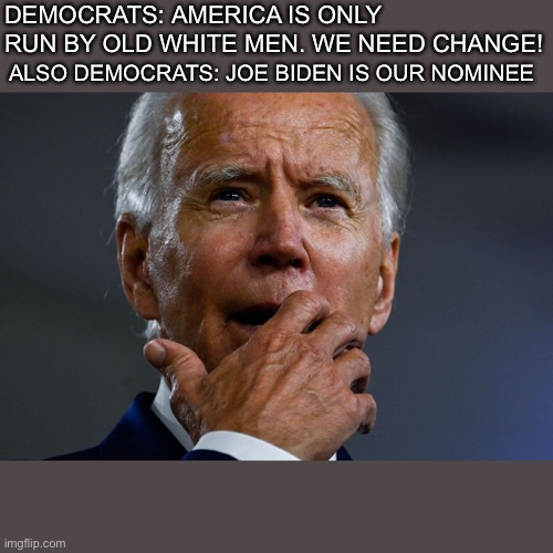 Destroying our Nation for Communism (DNC) | DEMOCRATS: AMERICA IS ONLY RUN BY OLD WHITE MEN. WE NEED CHANGE! ALSO DEMOCRATS: JOE BIDEN IS OUR NOMINEE | image tagged in maga | made w/ Imgflip meme maker