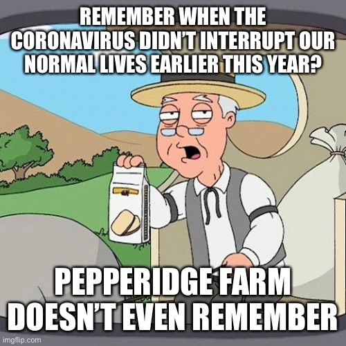 Before all this sh*t happened | REMEMBER WHEN THE CORONAVIRUS DIDN’T INTERRUPT OUR NORMAL LIVES EARLIER THIS YEAR? PEPPERIDGE FARM DOESN’T EVEN REMEMBER | image tagged in memes,pepperidge farm remembers,coronavirus,2020 sucks,2020 | made w/ Imgflip meme maker
