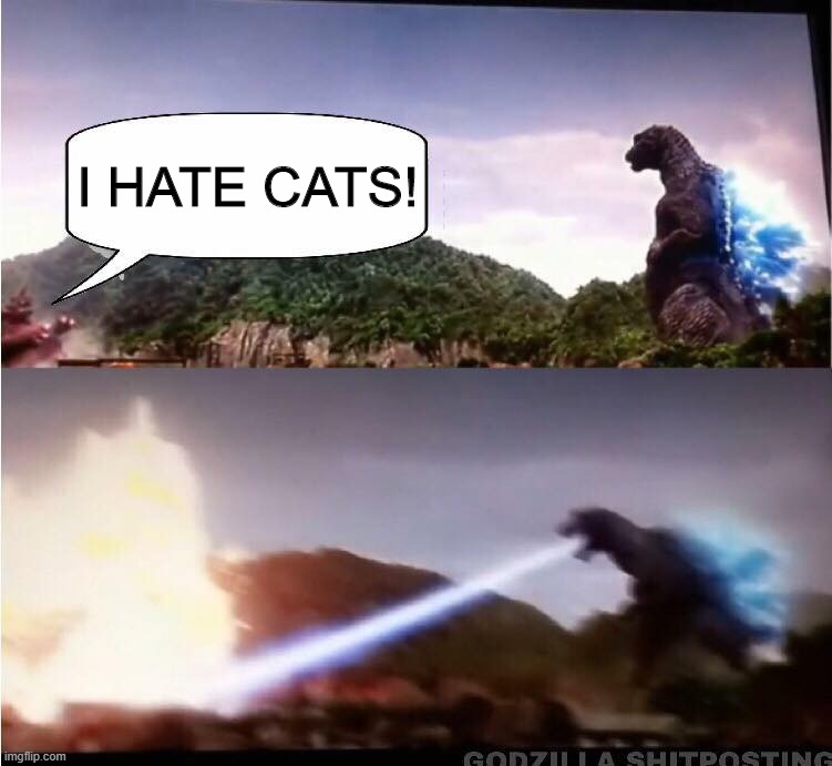 Godzilla Atomic Breath | I HATE CATS! | image tagged in godzilla atomic breath | made w/ Imgflip meme maker