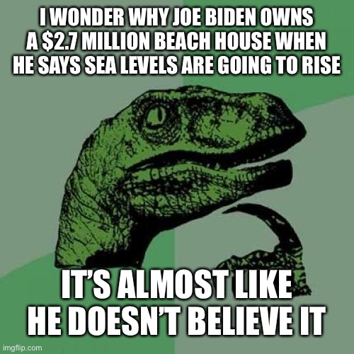 Philosoraptor Meme | I WONDER WHY JOE BIDEN OWNS A $2.7 MILLION BEACH HOUSE WHEN HE SAYS SEA LEVELS ARE GOING TO RISE; IT’S ALMOST LIKE HE DOESN’T BELIEVE IT | image tagged in memes,philosoraptor,trump 2020,maga | made w/ Imgflip meme maker