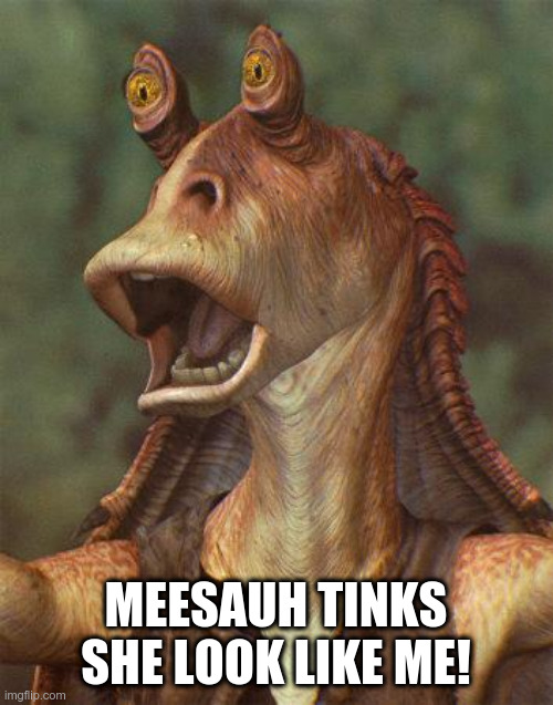 star wars jar jar binks | MEESAUH TINKS SHE LOOK LIKE ME! | image tagged in star wars jar jar binks | made w/ Imgflip meme maker