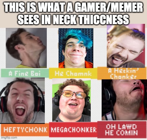 I'm BaCk | THIS IS WHAT A GAMER/MEMER SEES IN NECK THICCNESS | image tagged in oh lawd he comin' | made w/ Imgflip meme maker