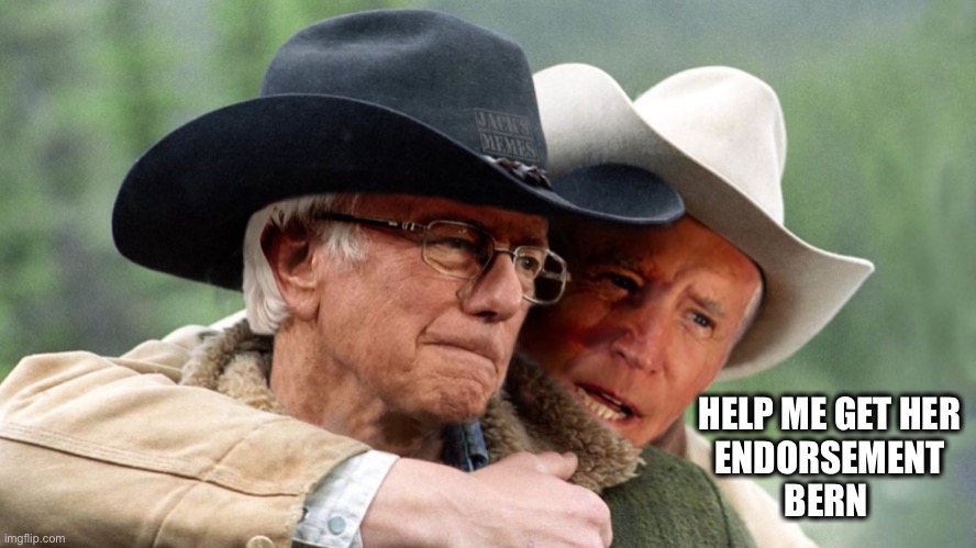 Brokeback Bernie | HELP ME GET HER
 ENDORSEMENT 
BERN | image tagged in brokeback bernie | made w/ Imgflip meme maker
