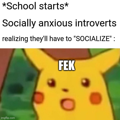 #growingupshy?? | *School starts*; Socially anxious introverts; realizing they'll have to "SOCIALIZE" :; FEK | image tagged in memes,surprised pikachu | made w/ Imgflip meme maker
