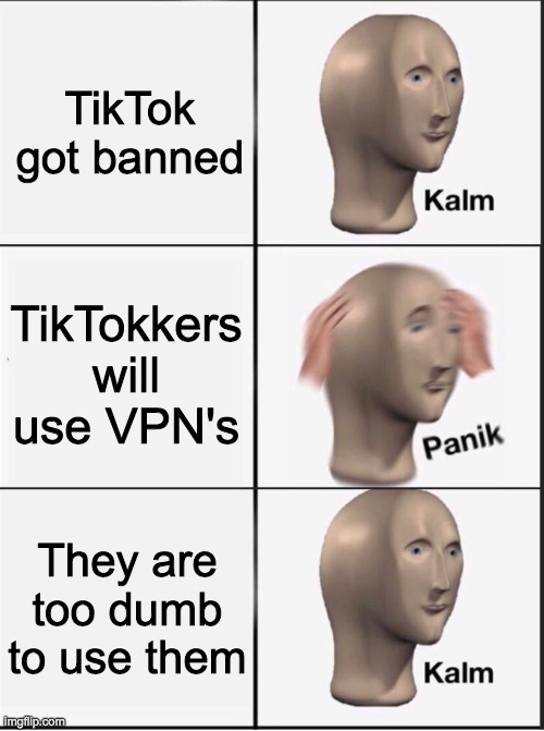 Dumb tiktokkers | TikTok got banned; TikTokkers will use VPN's; They are too dumb to use them | image tagged in reverse kalm panik | made w/ Imgflip meme maker