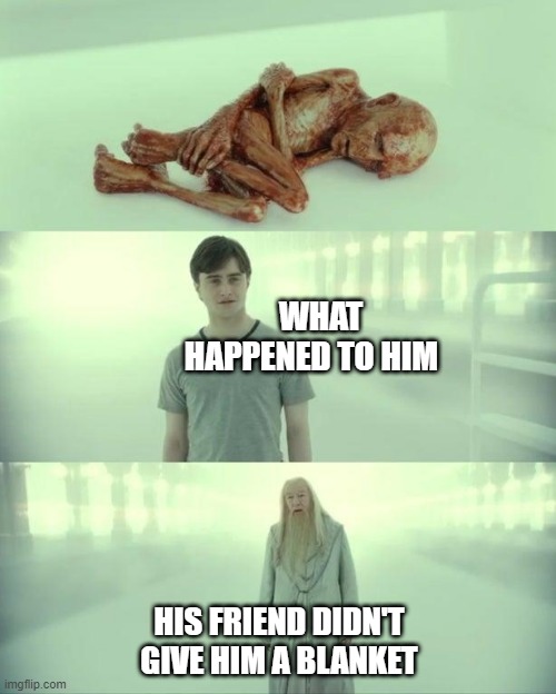 Sleepovers | WHAT
            HAPPENED TO HIM; HIS FRIEND DIDN'T
GIVE HIM A BLANKET | image tagged in dead baby voldemort / what happened to him | made w/ Imgflip meme maker