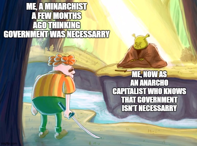 Government sucks | ME, A MINARCHIST A FEW MONTHS AGO THINKING GOVERNMENT WAS NECESSARRY; ME, NOW AS AN ANARCHO CAPITALIST WHO KNOWS THAT GOVERNMENT ISN'T NECESSARRY | image tagged in libertarian,anarchism,anarchist,funny meme,carl wheezer,shrek | made w/ Imgflip meme maker
