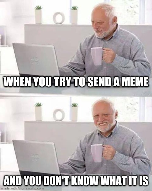 Hide the Pain Harold Meme | WHEN YOU TRY TO SEND A MEME; AND YOU DON'T KNOW WHAT IT IS | image tagged in memes,hide the pain harold | made w/ Imgflip meme maker