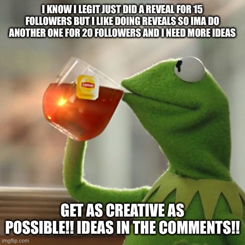 :) | I KNOW I LEGIT JUST DID A REVEAL FOR 15 FOLLOWERS BUT I LIKE DOING REVEALS SO IMA DO ANOTHER ONE FOR 20 FOLLOWERS AND I NEED MORE IDEAS; GET AS CREATIVE AS POSSIBLE!! IDEAS IN THE COMMENTS!! | image tagged in memes,but that's none of my business,kermit the frog,reveal,ideas,who reads these | made w/ Imgflip meme maker