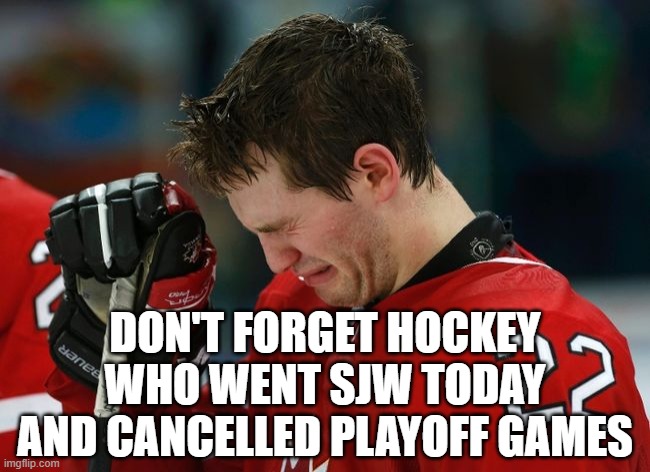 sad hockey player | DON'T FORGET HOCKEY WHO WENT SJW TODAY AND CANCELLED PLAYOFF GAMES | image tagged in sad hockey player | made w/ Imgflip meme maker